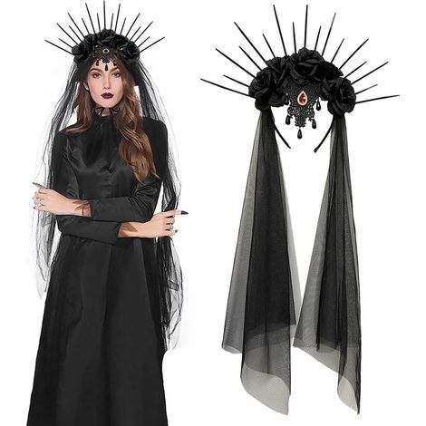 Gothic-Blumenstirnband, schwarzer Schleier, gruselige Brautmaske, Rosenkranz-Stirnband, langer Schleier, Cosplay, Brauttiara, Kopfschmuck, Halloween-Kostüm, florale Haaraccessoires für Damen (1/5)