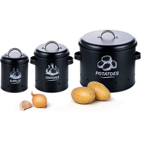 Relaxdays Potato Storage Box, Onions, Garlic, Set of 3, with Lid & Holes, Metal, Onion Pot, Black