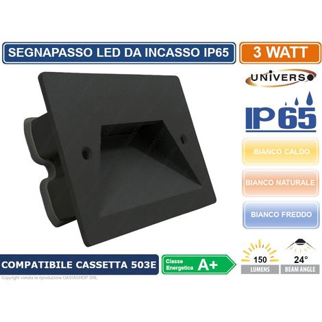 Segnapasso led a incasso 3W per cassetta scatola 503 220V applique luce esterno  Nero - 3000k