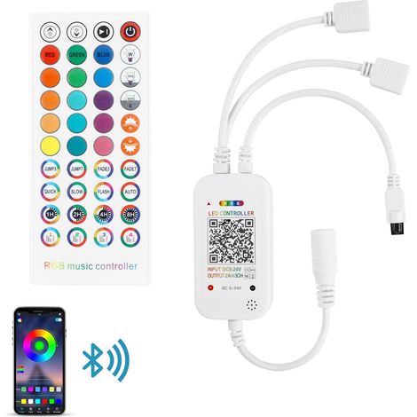 1 Contrôleur LED RGB, Bluetooth et IR 40 touches, Synchronisation musicale, 2 ports 4 broches DC 5-24V, pour bande LED SMD