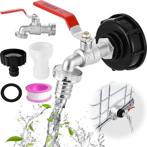 Robinet Cuve 1000L IBC, Adaptateur S60X6 3/4 Pouce en Laiton/Aluminium, Robinet à Bille pour Réservoir d’Eau de Pluie, Accessoires de Citerne Jardin, Raccord de Vidange IBC