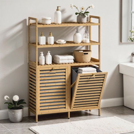 Armoire à linge double avec fonction d'inclinaison, armoire autoportante en bambou, 2 paniers amovibles, 3 compartiments de rangement, chêne