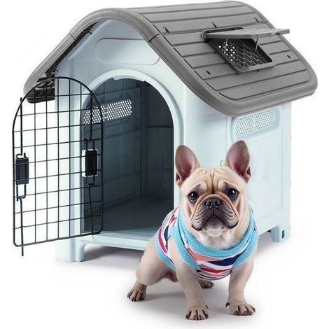 Niche pour petit chien – Plastique résistant – Porte ouvrante – Toit avec fenêtre – Usage intérieur et extérieur – Gris – 74 x 59 x 66 cm – Home Nature Wohnkonzept (1/5)