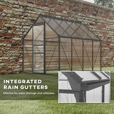 Serre extérieure en polycarbonate gris anthracite de 1,83 m x 2,44 m x 1,98 m, avec toit ventilé réglable, base galvanisée, porte coulissante et gouttière. (1/5)