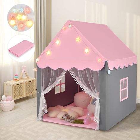 COSTWAY Kids Play Tent, Large Playhouse with Washable Mat and Star Lights, Indoor Outdoor Castle Fairy Tents for Children Boys & Girls Gift (Pink) (1/5)