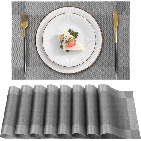 Lot de 8 Sets de Table, PVC Tissé, Résistant à la Chaleur, Antidérapant, 45x30cm, Gris, pour Cuisine et Salle à Manger (1/5)