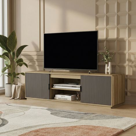 Meuble TV Trömi 150 x 40 x 43 cm effet chêne gris [en.casa] (1/5)