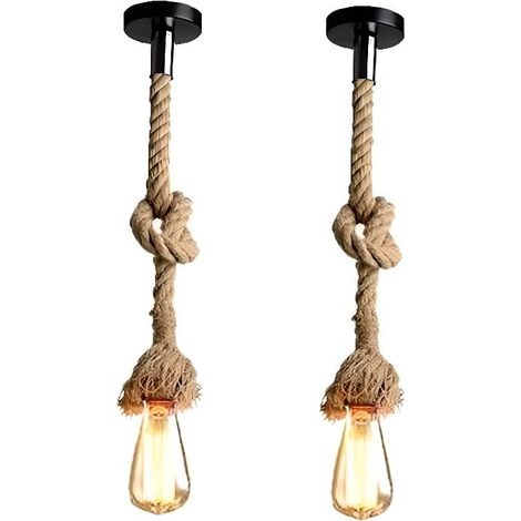 Lot de 2 suspensions en corde de chanvre, douille E27, 220 V, 100 cm, pour restaurant, salon ou bar. (1/4)