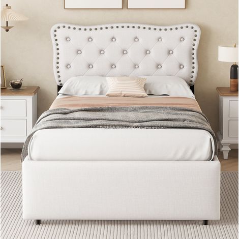 Lit avec tiroirs 90x200 cm MDF lin beige clair HAVRYA (1/5)