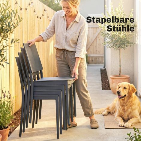 Ensemble de jardin 5 pièces, table large avec 4 chaises empilables à lattes, salon de terrasse pour 4 personnes, gris anthracite (1/5)