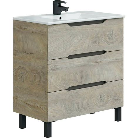 Londrina Mobile Da Bagno A Terra Con Lavabo In Ceramica Tre Cassetti Rovere Grigio Antracite 80x45x57