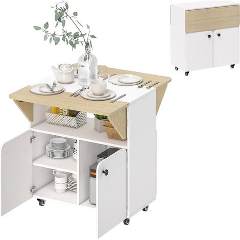 Table à manger pliante - HOMCOM - sur roulettes - 4 personnes - 2 abattants, étagère, placard - bois - 70x83x75cm - blanc