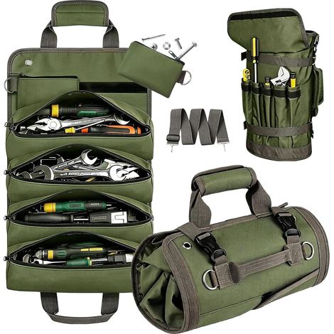 Borsa piccola porta attrezzi in tessuto Oxford verde, modello vuoto con tasche con zip, organizer avvolgibile per elettricisti, idraulici e artigiani. (1/5)