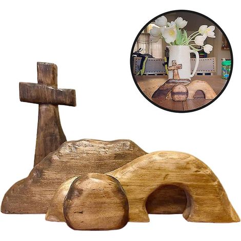 Décoration de Pâques représentant le tombeau vide et une croix, kit de plateau de Pâques avec le tombeau de Jésus, plateau à étages décoratif en bois avec panneau Jésus de Pâques (1/5)