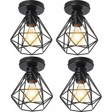 Plafonnier - Cage Métallique Rétro - Douille E27 - Pour Cuisine Salon Chambre - Noir - Lot de 4