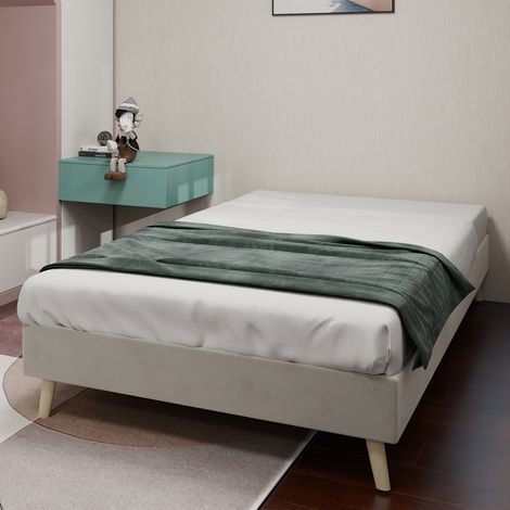 MODFU - Letto per bambini 90x200 cm, letto singolo, rete a doghe, moderno telaio basso in velluto e metallo, senza materasso, beige (1/5)