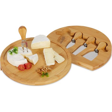 Relaxdays Plateau fromages avec couteaux, HxD: 4x33 cm, planche tournante, 4 couverts, bambou & acier inoxydable, nature