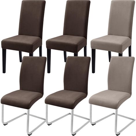 Stuhlhussen 6er Set, hochelastischer Samt, abnehmbar, für Esszimmerstühle, 4x Braun + 2x Champagne (1/5)