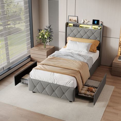 Lit 90 x 200 cm avec sommier, lit 1 place avec LED et USB, lit simple avec 2 tiroirs, lit pour adulte et adolescent, gris velours (1/5)
