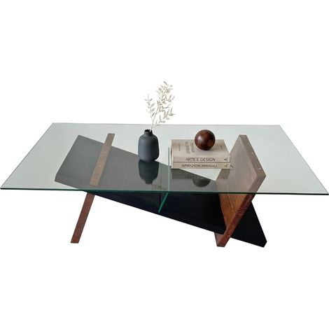 Tavolino da Salotto Incarico, un Vano, Forma Rettangolare, Colore Ripiano Trasparente, 105x65x31h cm Marrone Noce