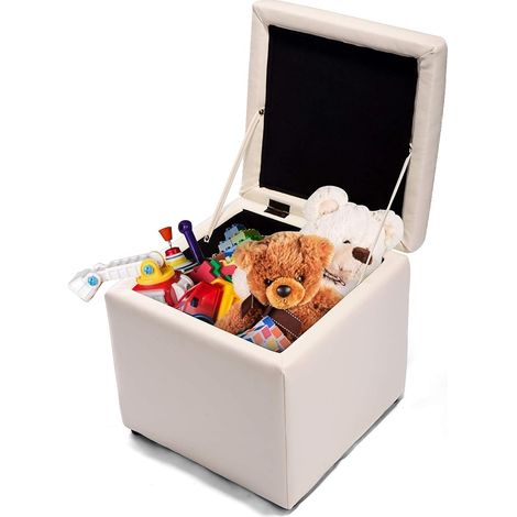 GOPLUS Tabouret Pouf avec Boîte de Rangement en Bois&Cuir PU,40x40x40CM,Charge 150KG,Banc à Chaussures avec Espace de Stockage,Blanc
