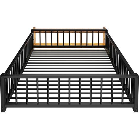 Lit enfant en métal 140 x 200 cm avec barrière de sécurité, rangement ouvert et LED, noir (1/5)