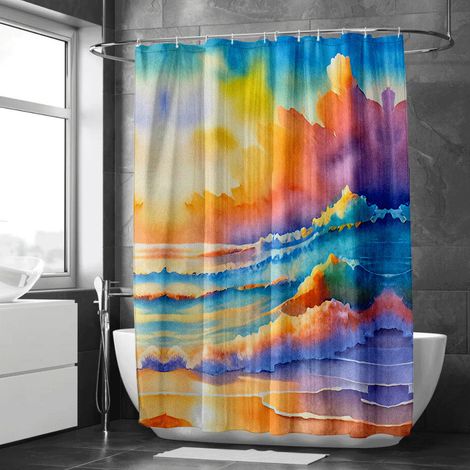 Rideau de douche motif coraux et poissons tropicaux stylisés, rideau salle de bain imperméable, 180x180 cm (1/5)