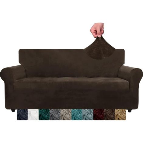 CHELZEN Velours Extra Large Sofa Cover 4 sièges Housses de canapé Extensibles épaisses pour Chiens et Animaux de Compagnie (4 Places, Café Foncé) (1/5)