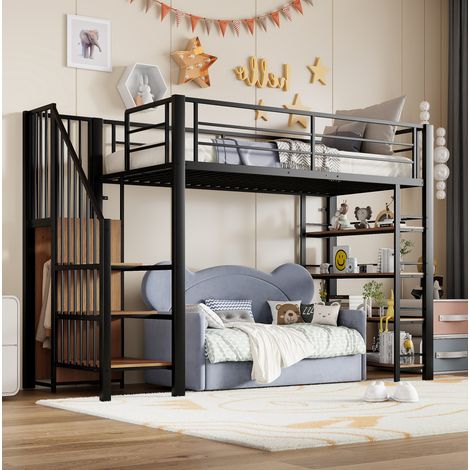 Letto soppalco 90 x 200 cm con scala, contenitore e piccolo armadio, metallo e MDF, nero DESVIAE (1/5)