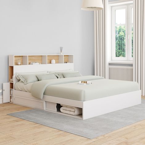 CLEM cama doble con espacio de almacenamiento + cabecero y base 180 x 200 cm blanco y haya (1/5)