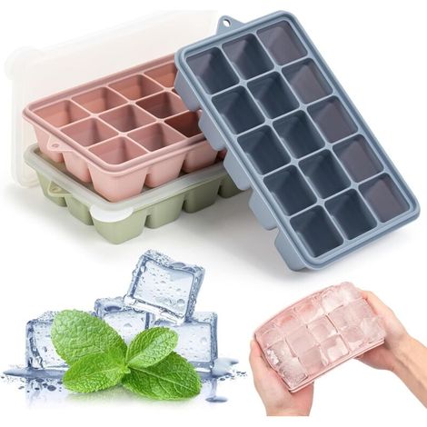 Lot de 3 bacs à glaçons en silicone, 15 bacs à glaçons carrés avec couvercle, faciles à démouler pour cocktails, whisky, aliments pour bébés, chocolat, réutilisables et sans BPA (1/5)