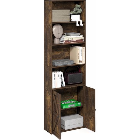 Bibliothèque, Étagère De Style Ferme À 6 Niveaux, Bibliothèque Vitrine avec Portes, 9,2 X 21,6 X 71,2 Cm, pour Salon, Chambre, Bureau, Pin Ambré (1/5)