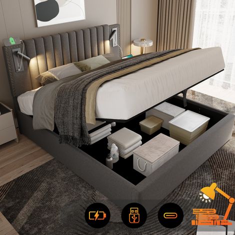 Cama con almacenaje 180x200 cm con cabecero ajustable, luces de lectura y USB/Type-C, gris, REDOM (1/5)