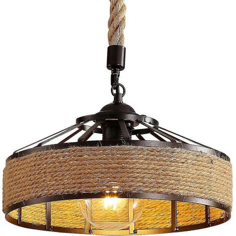 Lustre en corde de chanvre, suspension rétro en métal noir, lustre suspendu de style champêtre, luminaire suspendu industriel E27 pour salon ou chambre à coucher (1/5)
