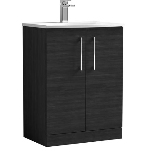 Balterley Modern Bathroom 2 Soft Close Door Floor Standing Vanity & Basin, Charcoal Black, 600mm