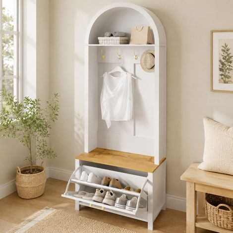 Penderie d’entrée 75/35/195 cm en MDF blanc et bois avec range-chaussures et crochets (1/5)