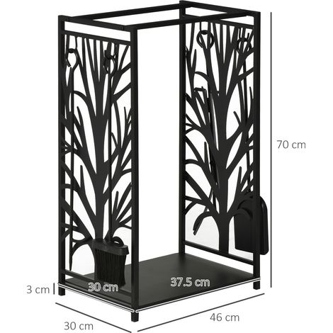 Porte-bûches en acier inoxydable, adapté à une utilisation intérieure et extérieure, design élégant avec 4 outils, 46 x 30 x 70 cm, noir (1/5)
