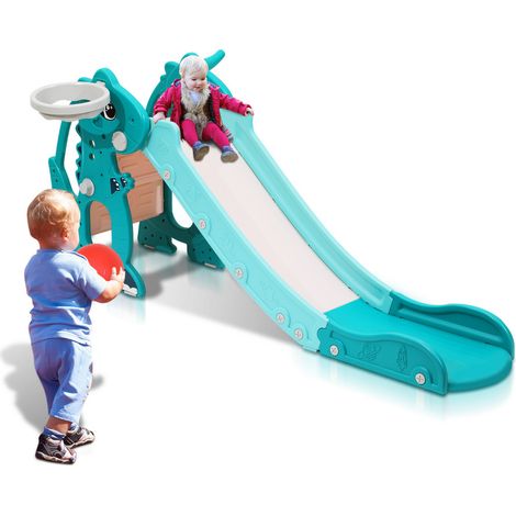 Scivolo 4 in 1 per bambini Area giochi da giardino pieghevole con canestro da basket Anello di lancio Studenti di lingua inglese verde