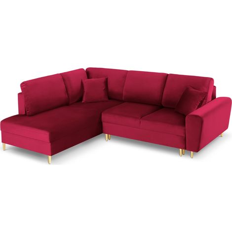 Canapé d'angle gauche convertible + box 5 places en velours rouge (1/5)