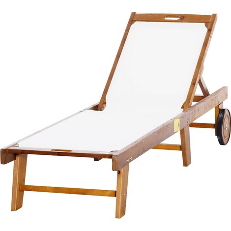 Chaise longue inclinable, transat de jardin, mobilier de jardin, réglable, bois d'acacia, textile, naturel et blanc, 198 x 55 x 30-88,5 cm (1/5)