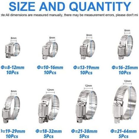 Assortimento di 65 Serre-giunti, Tubi, Fascette, Regolabile in Acciaio Inox 304, 8 di 44 mm per Tubo dell'Acqua, l'impianto Idraulico, dell'Automotive e della Meccanica (1/5)