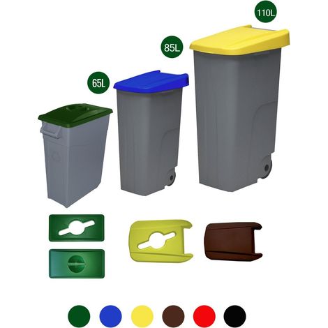 Contenedor de basura Denox  65, 85 y 110 L para reciclar  Cerrado con tapa de color  2 ruedas