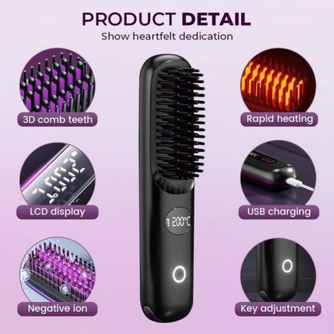 Brosse Lisseuse - 3 Régles Température 160 180 200 °C - Écran LCD Affichage Température et Niveau Batterie - Sans Fil Rechargeable USB - Pour Voyage - 1 Pièce (1/5)