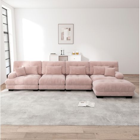 Canapé d’angle modulable rose avec ottoman mobile en chenille, confort nuage,406x145x81 cm (1/5)
