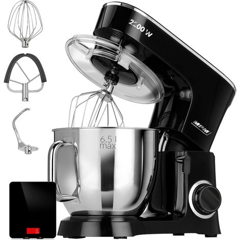 MPM MRK-19B Robot Pâtissier Boulangerie Cuisine Ménager Multifonction Bol 6,5 L, 6 Vitesses 2200W Noir / Inox (1/5)