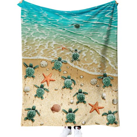 Couverture polaire ultra douce personnalisée avec motif tortue de mer et étoile de mer pour canapé ou lit (127 x 152 cm)