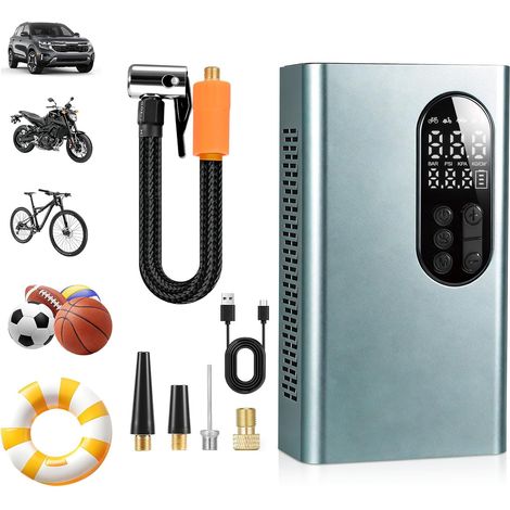 Compresseur d'air portable pour gonfleur de pneu, gonfleur de pneu de voiture sans fil 150 PSI (10,3 bars) avec lumière LED, gonflage rapide, pompe à vélo rechargeable pour voiture, vélo, moto, ballon (1/5)