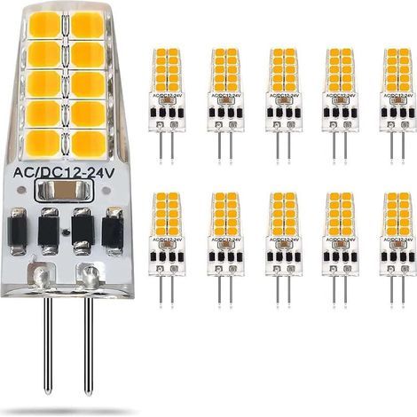 Lot de 10 ampoules LED 3W 12-24V, culot G6.35, blanc chaud 2900K, pour éclairage sous meuble ou lampe de bureau. (1/4)