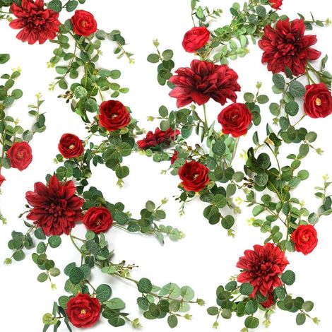 Künstliche Blumengirlande 190cm mit Dahlien und Rosen, Eukalyptus Deko (1/4)