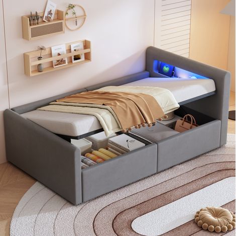 Cama infantil 90x200 cm gris de terciopelo con LED, USB y almacenaje (1/5)